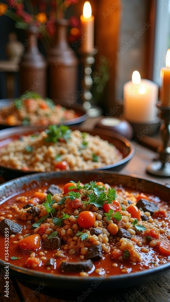 Rustic moroccan couscous with vegetables and chickpeas in a cozy candlelit setting Rustic moroccan couscous with vegetables and chickpeas in a cozy candlelit setting