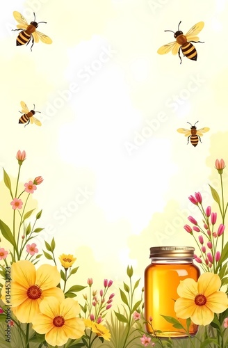 World Bee Day, with copy space on bright yellow background, honeycomb honey making, watercolor illustration.