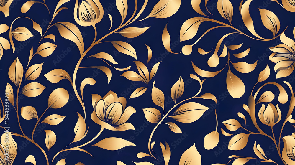 Golden floral pattern, navy blue background, elegant design, textile print Golden floral pattern, navy blue background, elegant design, textile print