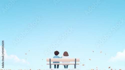 two friends sitting together on park bench one placing reassuring hand on other shoulder as autumn leaves scatter around