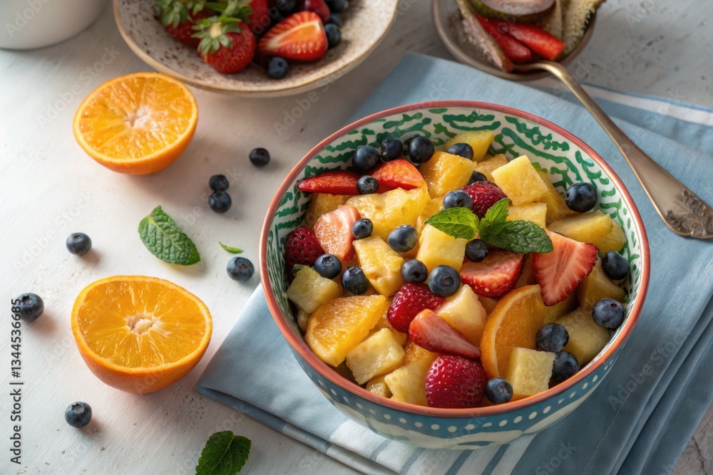 Colorful fruit salad with fresh berries and citrus on a light background Colorful fruit salad with fresh berries and citrus on a light background