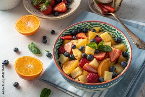 Colorful fruit salad with fresh berries and citrus on a light background