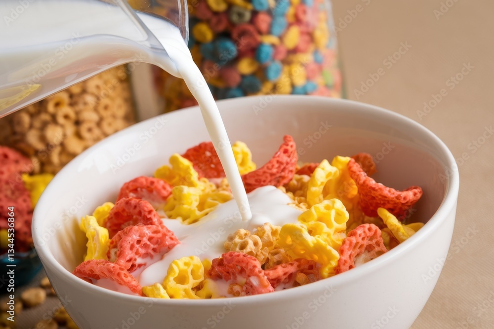 Milk cascades slowly into a bowl of colorful cereal, creating a delightful morning moment Milk cascades slowly into a bowl of colorful cereal, creating a delightful morning moment