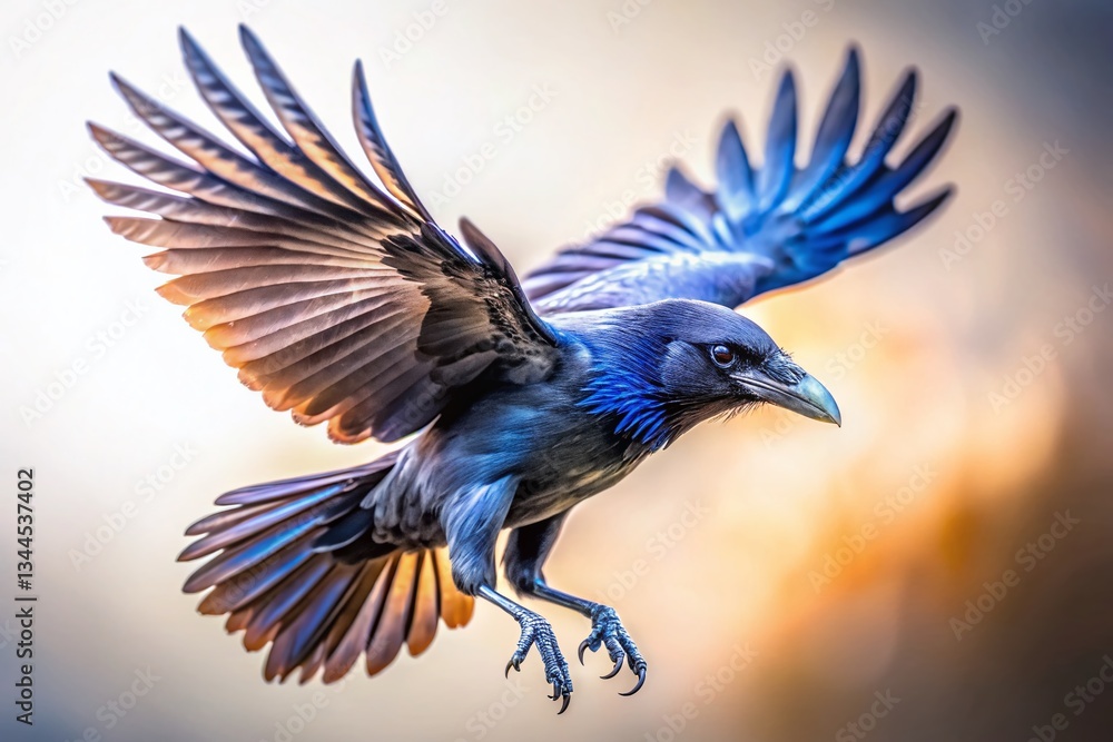 Fototapeta premium Whimsical Tilt-Shift Raven in Flight: Drawn Graphic Bird Illustration on White