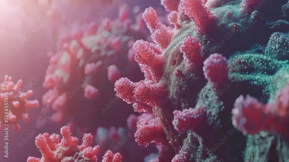 Naklejka premium Microscopic virus background with detailed 3D cells and glowing particles — ideal for medical, scientific, and healthcare-themed designs or educational visuals