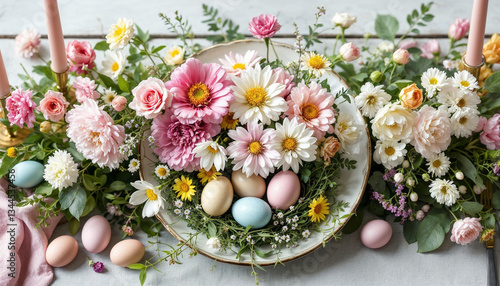 Large floral Easter table setting flower centerpiece with pastel eggs dishes teacups saucers teapot