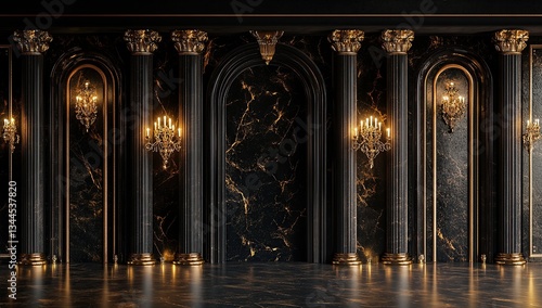 Black and gold luxury backdrop wall with dark marble columns, wall sconces,