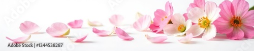 Delicate flower petals scattered on a pristine white background, bloom, garden, white