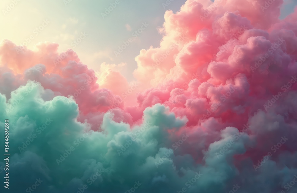 Fototapeta premium Abstract swirls of pink, green clouds fill sky. Soft, light, ethereal texture wispy, fluffy, dreamy, hazy. Blurred gradient of delicate background. Artistic design evokes fantasy, beauty, imagination.