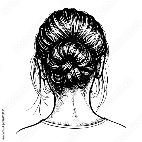Woman hairstyle sketch engraving black and white outline. Scratch board imitation.