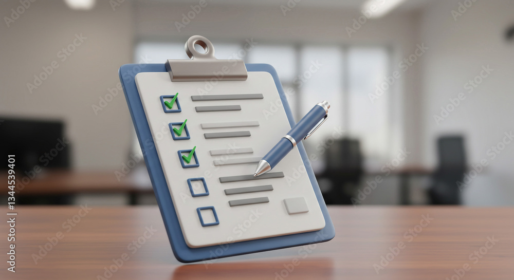 A checklist and pen ready to conquer the day's tasks, symbolizing productivity and organization in a modern office setting with a soft focus background. A checklist and pen ready to conquer the day's tasks, symbolizing productivity and organization in a modern office setting with a soft focus background.