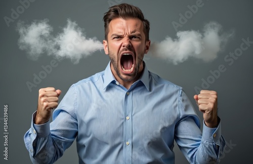 Furious business man yells in tantrum, steam comes out of ears. Angry crazy office manager loses control venting negative emotions. Isolated on grey background. Bad tempered irritated guy shouts,