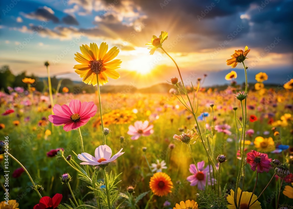 Fototapeta premium Wildflower Meadow in Soft Sunlight: A Documentary Photography Image of Delicate Petals Glowing