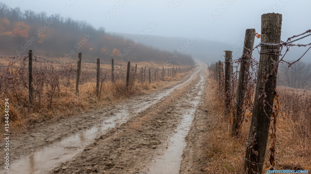 Obraz premium Muddy Road Through Autumnal Countryside on a Foggy Day
