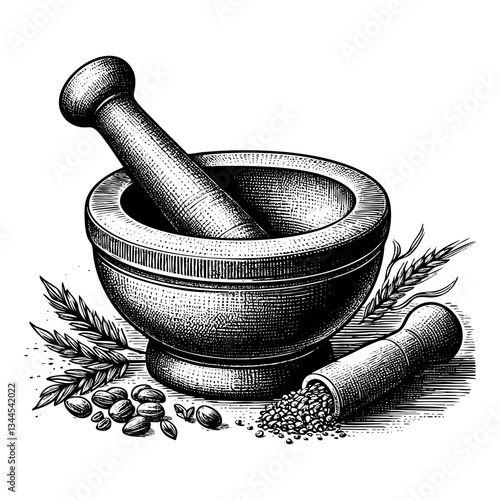 Herb mortar pestle engraving black and white outline. Scratch board imitation. illustrated in vintage line art style on a white background.
