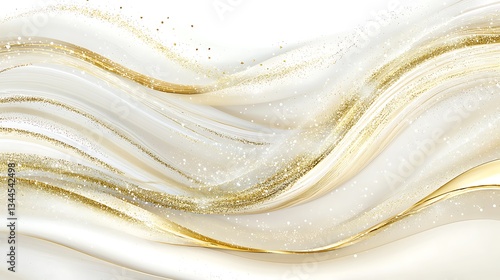 Elegant white and gold silky waves with glittering particles, abstract background