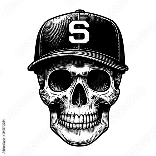skull wear baseball hat engraving black and white outline. Scratch board imitation.
