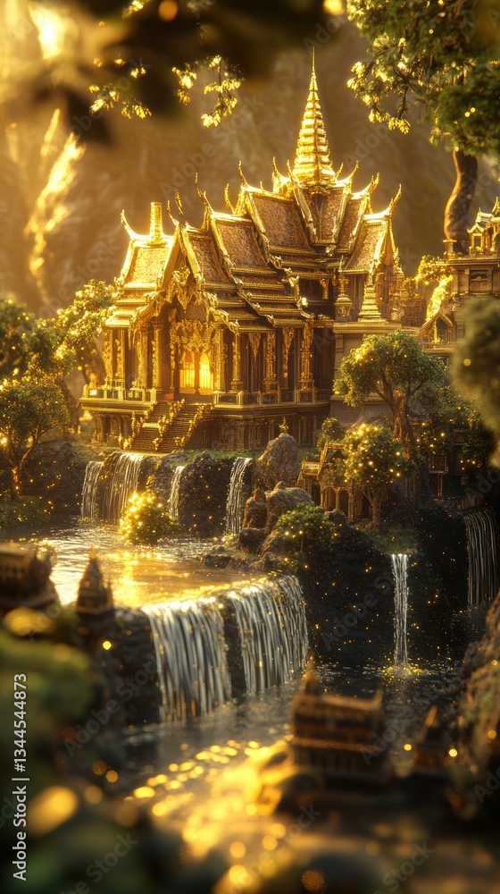 Fototapeta premium Golden temple waterfall jungle fantasy