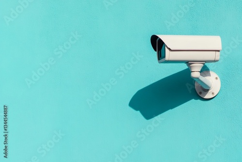Security camera positioned against a bright turquoise wall captures activity in its vicinity Generative AI