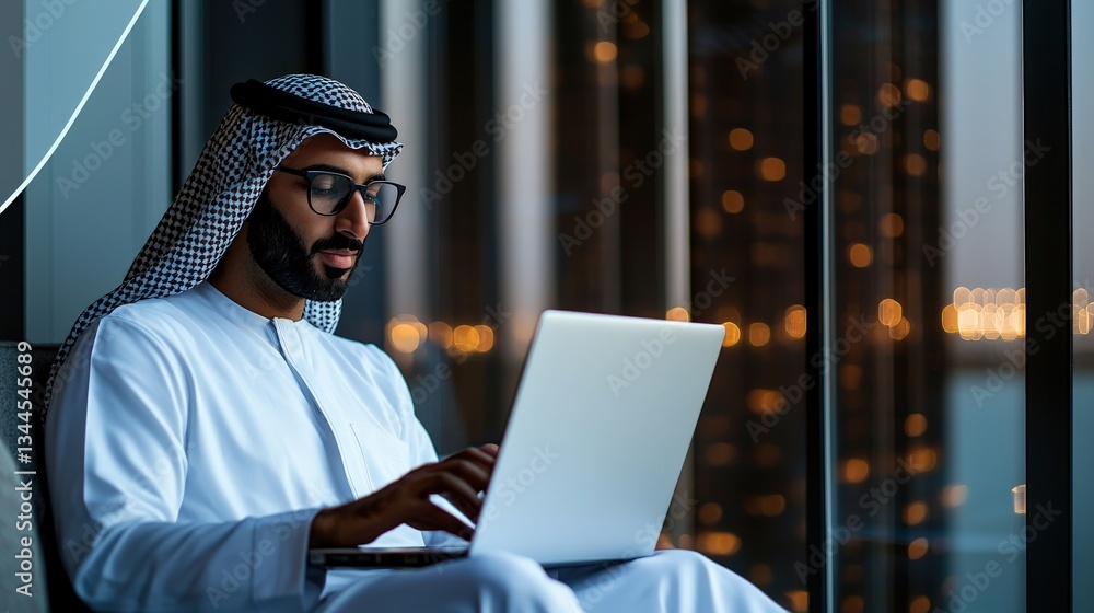 A man in traditional attire works on a laptop, gazing thoughtfully out a window with a cityscape illuminated by soft lights in the background. A man in traditional attire works on a laptop, gazing thoughtfully out a window with a cityscape illuminated by soft lights in the background.