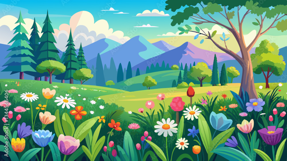 Fototapeta premium Vibrant Spring Meadow with Blooming Flowers in a Flat Design Serene Pastoral Landscape with Lush Greenery Floral Botanicals and a Minimalist Nature Inspired