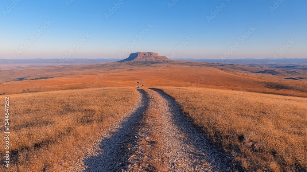 Panoramic vista of a vast, arid plain, a dirt road meanders towards a solitary mesa Panoramic vista of a vast, arid plain, a dirt road meanders towards a solitary mesa