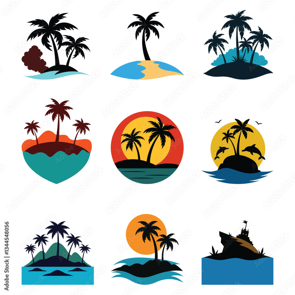 Fototapeta premium Exotic Tropical Island Silhouettes Set – Palm Trees, Beach Scenes & Ocean Vectors