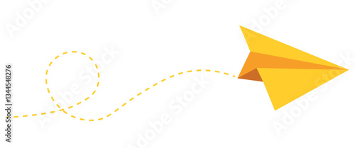 Colorful fun paper plane with dotted line. Hand drawn doodle airplane. Travel symbol, vector illustration. Isolated on white background