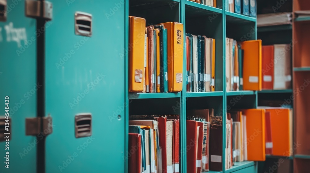 Locker door slightly ajar, revealing a neatly organized interior with books and personal items Locker door slightly ajar, revealing a neatly organized interior with books and personal items
