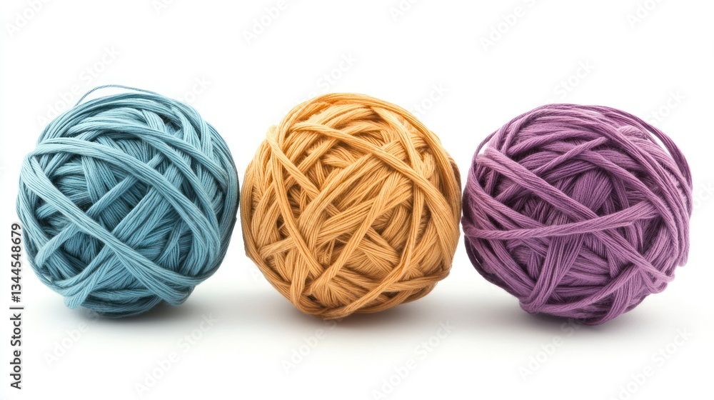 Three balls of colorful yarn arranged in a row on a white background. Three balls of colorful yarn arranged in a row on a white background.