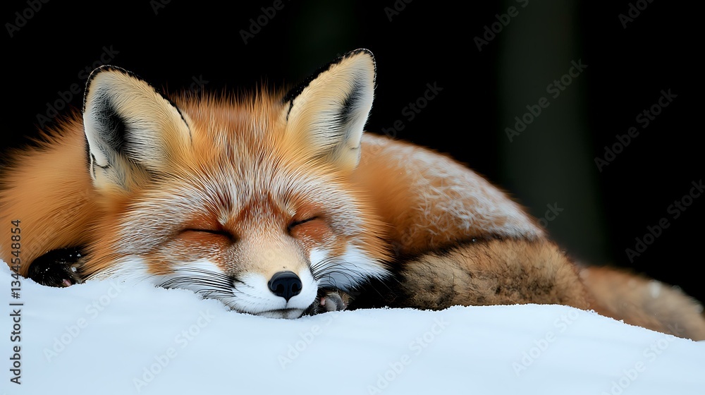 Obraz premium Sleepy red fox resting on fresh snow with closed eyes, displaying peaceful expression and fluffy winter coat against dark background.