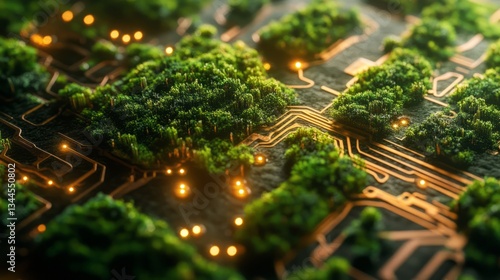 Lush Green Foliage Growing on a Circuit Board with Glowing Lights