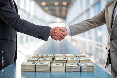 Businessmen engage in a handshake over a stack of cash, symbolizing a vital agreement in a modern corporate environment
