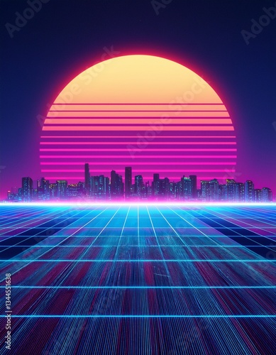 Retro Cityscape: A vibrant cityscape silhouette against a mesmerizing synthwave sunset, with an electric grid stretching into the distance, evoking a sense of nostalgia and futuristic aesthetics.