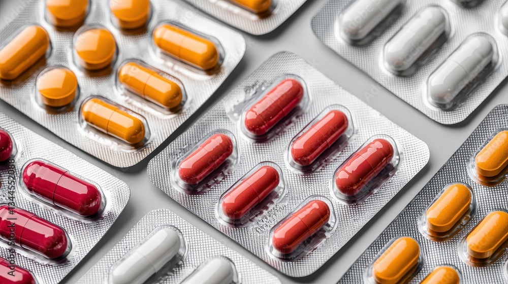 A close-up view of various capsules and tablets in blister packs, showcasing a colorful assortment of medications. A close-up view of various capsules and tablets in blister packs, showcasing a colorful assortment of medications.