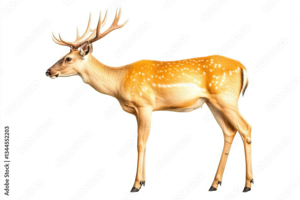 Fototapeta premium Realistic spotted deer with large antlers and a slender body standing in profile view on an isolated white background