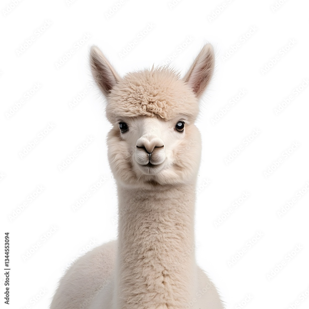 Naklejka premium Fluffy alpaca portrait, studio shot, white background, farm animal (1)