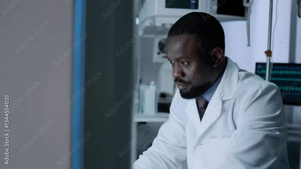 Medical professional examining diagnostic scan, analyzing healthcare data with concentrated focus near medical computer in clinical setting Medical professional examining diagnostic scan, analyzing healthcare data with concentrated focus near medical computer in clinical setting