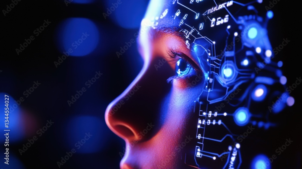 Futuristic AI concept human face integrated with glowing digital circuitry representing artificial intelligence and technological evolution Futuristic AI concept human face integrated with glowing digital circuitry representing artificial intelligence and technological evolution