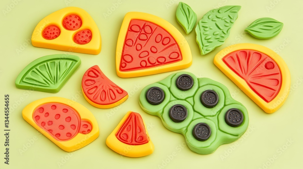 Vibrant Fruit Slices Red Watermelon, Green Grape, and Yellow Lime Clay Models on Pastel Green Background Vibrant Fruit Slices Red Watermelon, Green Grape, and Yellow Lime Clay Models on Pastel Green Background