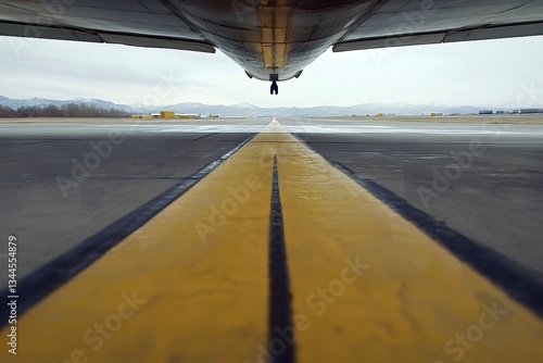 Airplane is landing on airstrip with runway centerline on focus