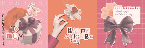 Dotted Halftone collage Mothers Day greeting cards set. Hand holding daffodil, gift box, flowers and bow. Trendy vintage magazine torn out paper mixed media style. Vector illustration