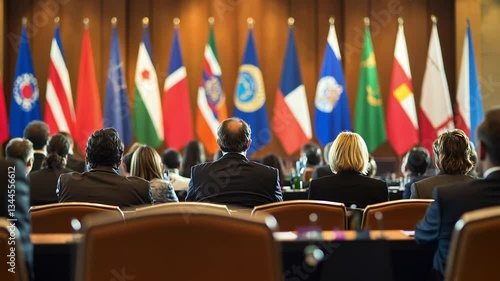 Flags of Diplomacy: Attendees at an international summit witness a display of various national flags, a symbol of global cooperation and diplomatic relations. 