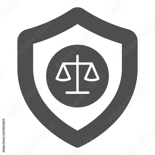 Libra scales on safety emblem solid icon, jurisprudence concept. Vector graphics. Weight scales with protection shield sign on white background, glyph style icon for mobile or web design.