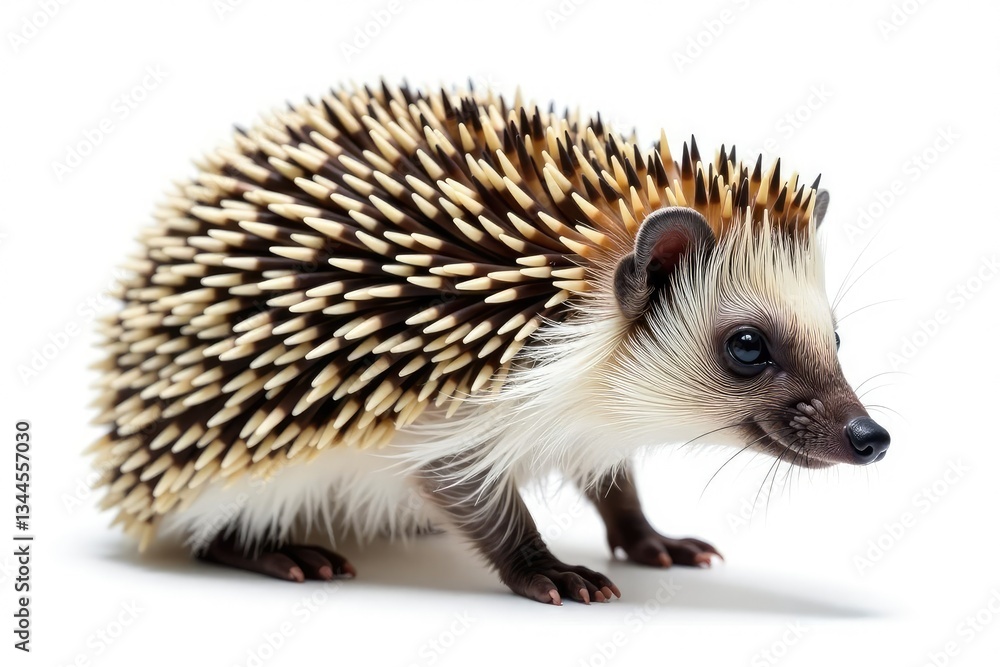 Obraz premium Hedgehog alone on seamless white backdrop, facing right, slightly uncurled , thorns, animal photography