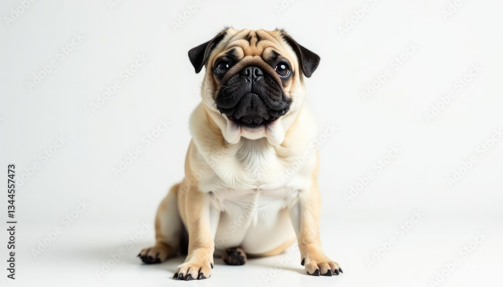 Obraz premium Adorable pug dog sits alone, white background, headshot, brown, asset