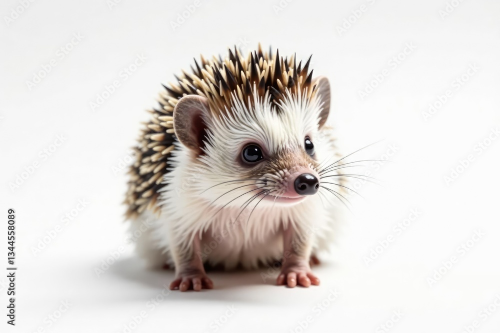 Hedgehog on pure white backdrop, alert posture, tiny, fauna, studio Hedgehog on pure white backdrop, alert posture, tiny, fauna, studio