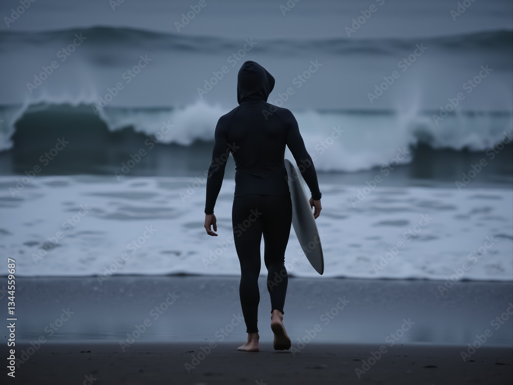 lone surfer in a black wetsuit walks towards the ocean carrying a surfboard on a dark beach. lone surfer in a black wetsuit walks towards the ocean carrying a surfboard on a dark beach.