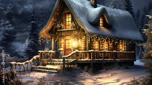 Beleuchtetes Holzhaus im Schnee in dunkler Nacht