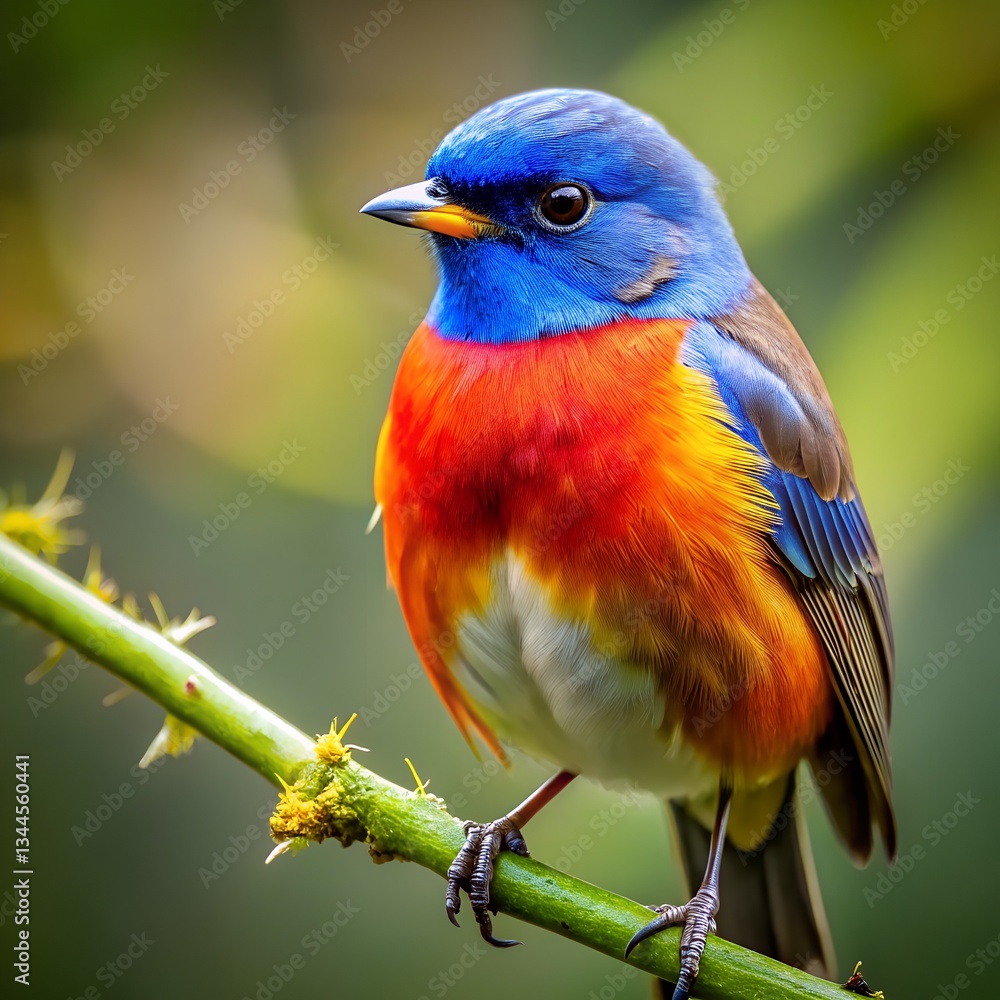 Obraz premium Vibrant Avian Beauty: A vivid painting of a Painted Bunting perched on a verdant branch, its colorful plumage displaying a harmonious blend of blue, red, and yellow.